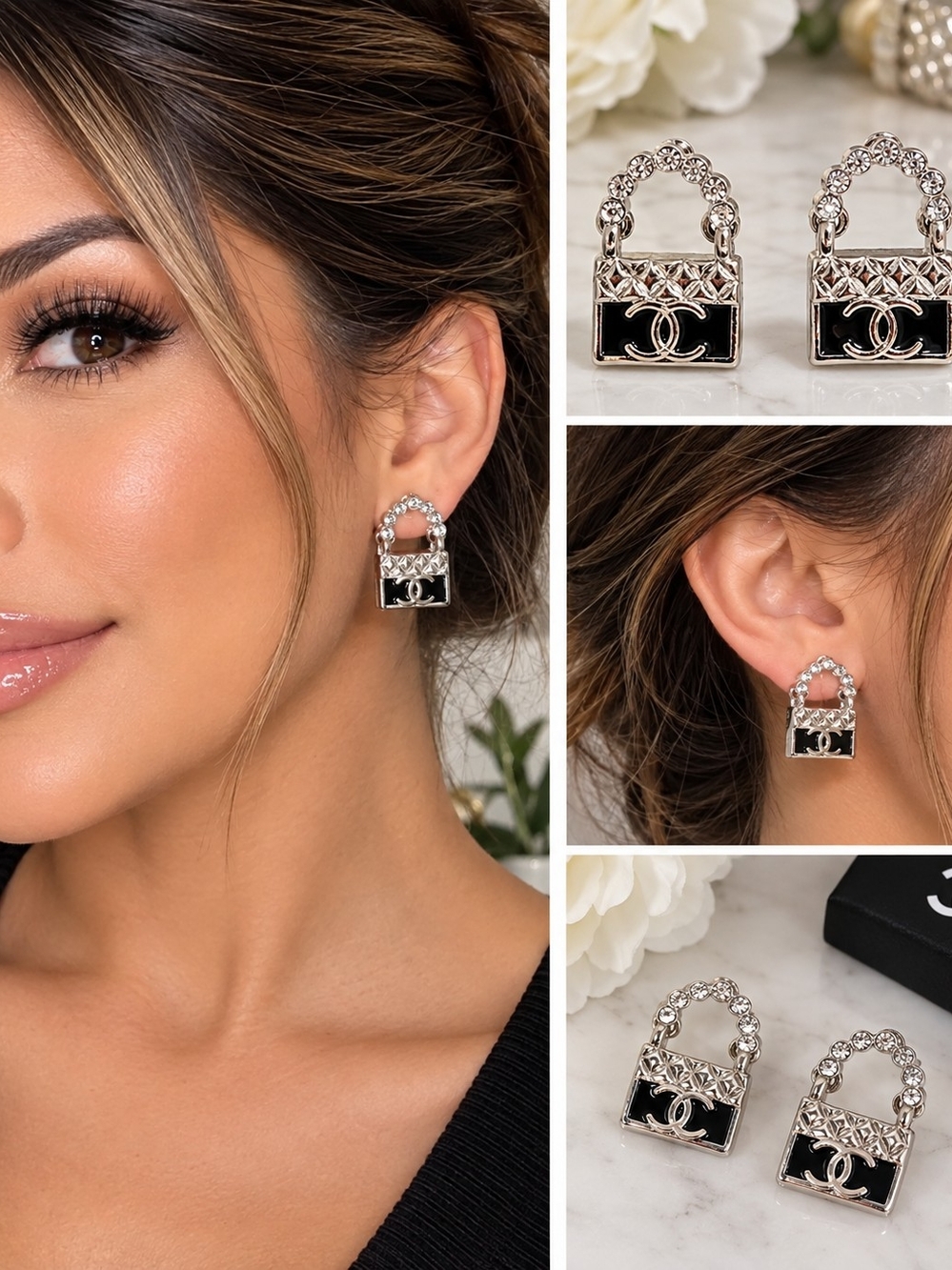 Andy Fashion Silver Tone Black Enamel Padlock Earrings
